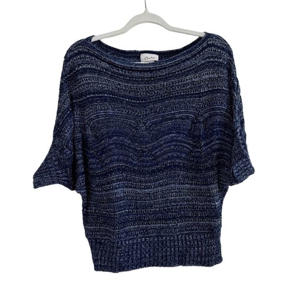 Chelsey Tops - Women's Knitted Thin Blue Blouse Scoop Neck 3/4 Sleeve Small